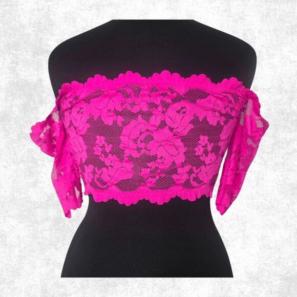 Funky Junque Hot Pink Lace Crop Top – Off Shoulder Festival Rave Sheer OS Fits 1 - Picture 3 of 4